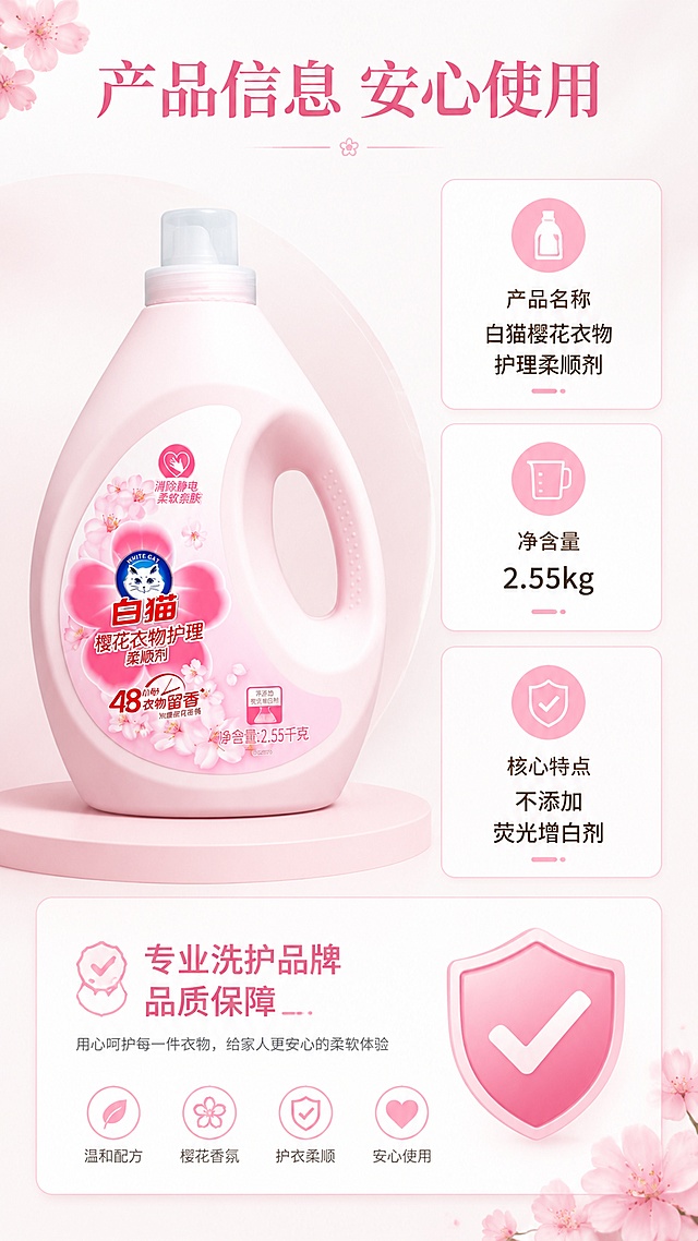 [第4屏] 规格参数与信任保障屏，白猫樱花衣物护理柔顺剂，本屏使用【图1】作为产品主体。
[氛围/风格] 简约大气，信息清晰，高端质感。
[元素布局] 产品主体放置在画面左上，占比约45%，右侧和下部分放置参数信息卡，信息分区清晰，产品细节保持与原图一致。
[光影质感] 柔和自然光，明暗均匀，产品清晰，信息可读。
[配色色系] 全局底色 #F9F5F7，主色浅粉色，信息卡使用白色底粉色边框。
[视角构图] 左产品右信息，不对称构图，视觉平衡。
[文字版式] 顶部主标题「产品信息 安心使用」，参数信息：产品名称「白猫樱花衣物护理柔顺剂」、净含量「2.55kg」、核心特点「不添加荧光增白剂」，底部服务提示「专业洗护品牌 品质保障」，文字排版整齐，清晰易读。
[比例分辨率] 9:16 竖版比例，4K分辨率，文字清晰可辨，高清画质。
[负向提示词] 产品变形，包装文字错乱，参数错误，文字模糊，水印，颜色偏差。