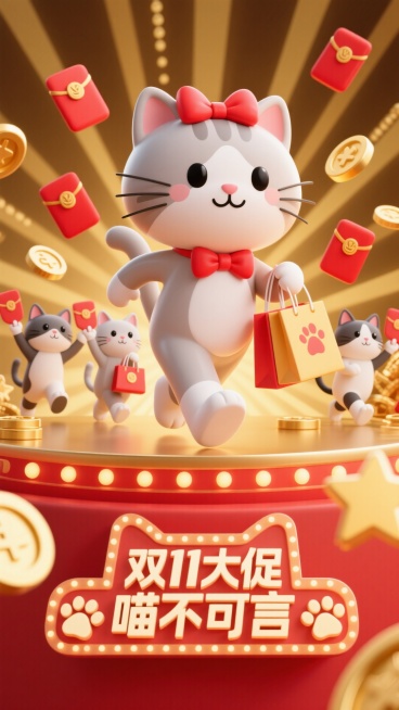 主视觉为头戴红色蝴蝶结的猫咪，优雅地叼着购物袋快步跑出画面，身后 3 只小猫举着红包袋紧随其后，正面视角。背景点缀金色金币、红色红包、星星状放射线，画面下方是带有猫爪元素的 3D 文字灯牌 “双 11预览效果