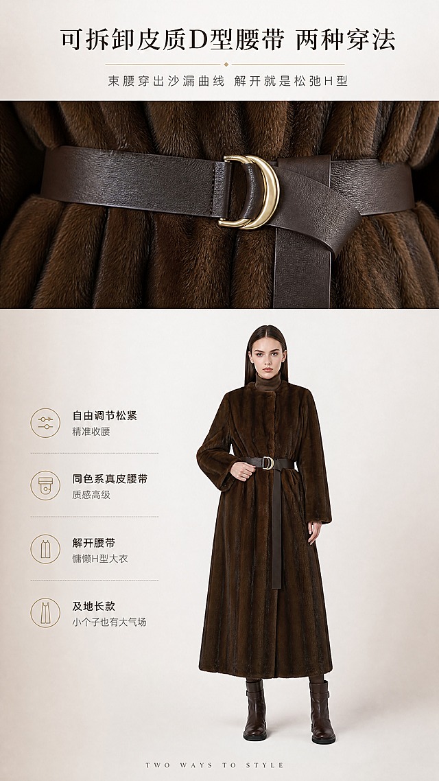 [商品] 使用【图2】腰带细节图+【图3】正面全身模特图；商品处理：保留D字扣金属腰带扣、棕色绵羊皮革腰带、竖纹毛绒面料、深巧克力棕色、收腰效果；增强皮革纹理与金属扣哑光质感，突出腰带束腰后的沙漏曲线，不改变结构与颜色。
[画面] 目标：腰带收腰+长款剪裁卖点，突出两种穿法与拉长身形效果。构图：上半部分腰带细节特写占35%，下半部分全身模特展示收腰效果占65%。景别：上半部分微距，下半部分全身。阅读动线：顶部卖点→中部腰带细节→下部全身效果。前中后景：前景腰带微距、中景模特全身、背景纯白渐变。模特姿态：正面全身，一手轻扶腰带，展示束腰后的沙漏曲线与长款及地的拉长效果。
[视觉] 套系策略：风格=Quiet Luxury静奢老钱风极简商业棚拍；标题字=现代衬线体细字重；正文字=简洁无衬线体；主色=深可可棕；背景延展=纯白到浅棕渐变，同色系过渡；强调色=哑光金，仅用于小图标与装饰线；标题色=深可可棕；正文色=中暖灰；组件=细线分隔、极简图标；光影=影棚柔光均匀打光，突出皮革光泽与金属质感，低对比度，无硬阴影。
[文字] 顶部主标题："可拆卸皮质D型腰带 两种穿法"，副标题："束腰穿出沙漏曲线 解开就是松弛H型"。下半部分左侧文字："▫️ 自由调节松紧 精准收腰""▫️ 同色系真皮腰带 质感高级""▫️ 解开腰带 慵懒H型大衣""▫️ 及地长款 小个子也有大气场"。右侧为全身模特图。底部加小号英文："TWO WAYS TO STYLE"。
[规格] 图片比例9:16竖版，4K，所有文字仅横向排版；负向提示：避免变形、错字、文字过小、亚洲面孔、冷蓝/蓝灰背景、衣服颜色改变、腰带扣变形、硬阴影、高饱和、竖排文字。