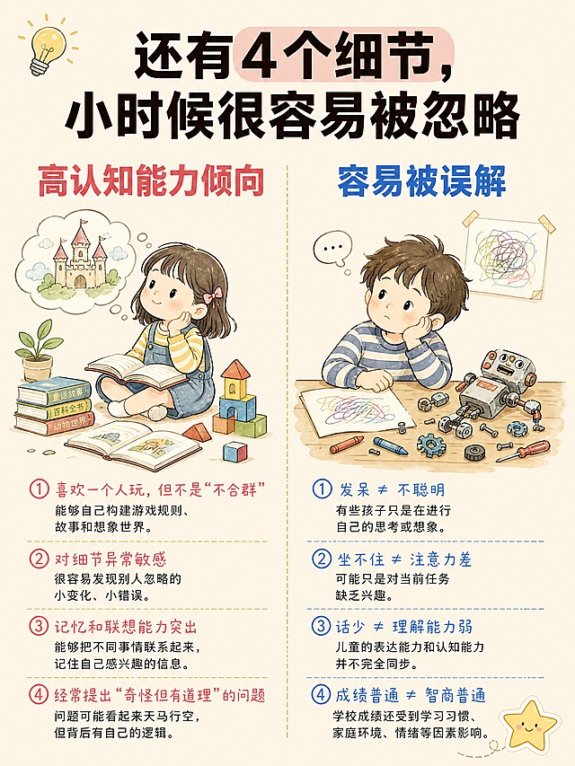 小红书笔记大字封面，插图大字，ins清新儿童教育风，版式精美，小红书笔记封面质感，适合信息流点击。版式骨架、左右分栏对照结构、色调体系与参考图保持一致（相似度约70%），文案与插画替换为本次内容。主标题必须完整呈现且为画面顶部视觉中心，逐字锁定：「还有4个细节，小时候很容易被忽略」。主标题字号占画面约25%视觉权重，清晰可读，不得增删改字。背景：浅米黄色奶油质感纯色底，温暖柔和。标题排版：扁平粗黑体，深棕黑色主标题，居中偏上，关键词可加浅粉色色块底高亮。画面左右分栏对照布局，中间用虚线分隔。左侧栏标题为红色大字「高认知能力倾向」，下方插画：一个可爱小女孩独自坐着，旁边有脑海气泡、书本、积木、想象中的城堡场景，水彩手绘儿童插画风格，温暖治愈。插画下方依次排列4条要点，每条带红色圆圈序号：①喜欢一个人玩，但不是“不合群”，小字说明：能够自己构建游戏规则、故事和想象世界。②对细节异常敏感，小字说明：很容易发现别人忽略的小变化、小错误。③记忆和联想能力突出，小字说明：能够把不同事情联系起来，记住自己感兴趣的信息。④经常提出“奇怪但有道理”的问题，小字说明：问题可能看起来天马行空，但背后有自己的逻辑。右侧栏标题为蓝色大字「容易被误解」，下方插画：一个小男孩坐在桌边，旁边有走神发呆表情、乱画的涂鸦纸、拆开的玩具零件等视觉元素，水彩手绘儿童插画风格。插画下方依次排列4条要点，每条带蓝色圆圈序号：①发呆 ≠ 不聪明，小字说明：有些孩子只是在进行自己的思考或想象。②坐不住 ≠ 注意力差，小字说明：可能只是对当前任务缺乏兴趣。③话少 ≠ 理解能力弱，小字说明：儿童的表达能力和认知能力并不完全同步。④成绩普通 ≠ 智商普通，小字说明：学校成绩还受到学习习惯、家庭环境、情绪等因素影响。装饰：左上角1个小灯泡emoji小贴纸，右下角1个手绘星星贴纸；另加手绘虚线分隔线、圆角色块底框，位置与数量克制、不抢主标题。整体氛围：温暖治愈、育儿科普、亲切易懂。画质：高清细腻，信息层级清晰，主标题与背景强对比，文字完整处于安全区内不可裁切，四周留安全边距。画面比例3:4，4K。图生图：严格使用用户上传图片，【图1】= 版式风格参考图，参考其左右分栏对照结构、儿童水彩插画风格、色调体系和排版节奏，替换为本次文案与插画内容。