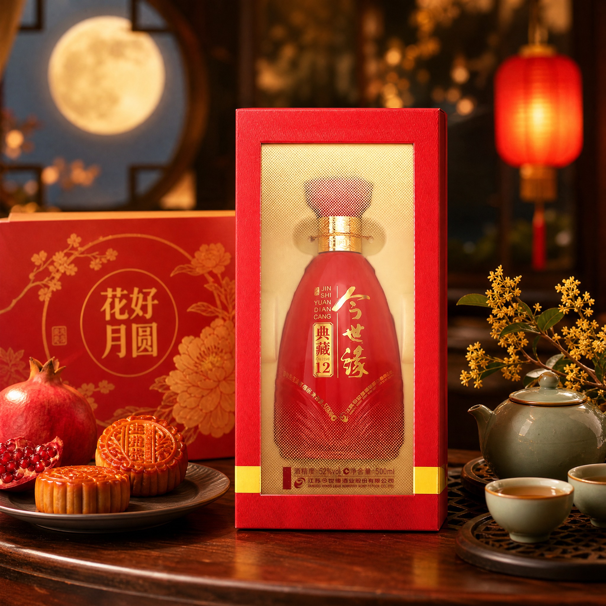 产品场景图，1:1比例。场景为中秋/节日送礼场景，深木色茶几上… - 图片创意预览