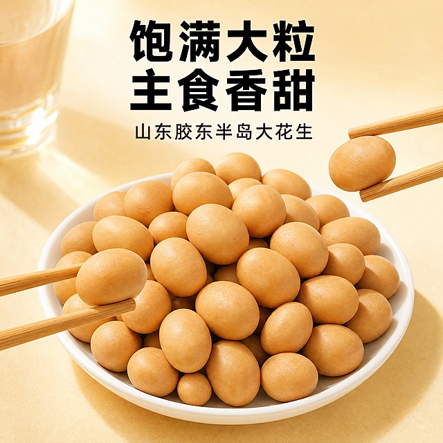[主图-2] 饱满大粒 主食香甜。复刻参考图风格与版式布局：上方大字标题+小字副标题，下方主体为满满一盘鱼皮花生，筷子夹起花生颗粒做动态展示。[统一基调] 京东食品主图，简洁稳重品质感，文字占比<30%，一图一重点；背景暖米色浅渐变，主标题粗黑大号黑体字，副标题小号深棕黑体。[画面] 画面中央偏下放置一个白色圆盘，盘中堆满饱满的鱼皮花生颗粒，花生呈均匀浅棕黄色，颗粒圆润饱满；画面左下角和右上角各有一双木筷子，每双筷子夹起一颗鱼皮花生，呈动态悬浮感，仿佛正要送入口中；产品（花生颗粒）占画面约65%，俯视45度角度；背景为暖米色浅渐变，左上角隐约露出玻璃杯一角增加生活感。[光影质感] 自然暖阳逆光食品摄影质感，柔和暖光从侧上方打来，花生表面有细腻哑光质感，颗粒间有自然阴影层次，盘中花生堆有体积感，整体温暖有食欲。[配色] 背景暖米色浅渐变，主标题黑色粗体，副标题深棕色；花生浅棕黄色，白盘干净洁白，木筷子浅木色；整体暖色调突出食欲感。[文字版式] 画面上方主标题两行粗黑大字：第一行"饱满大粒"，第二行"主食香甜"；主标题下方一行小号深棕副标题"山东胶东半岛大花生"；文字居中排列在画面上半部分，不遮挡盘中花生主体。[输出要求] 1:1正方形，2048x2048，文字清晰锐利，花生颗粒纹理清晰有食欲；负向：变形、错字、模糊、杂乱、水印、平台Logo、花生颜色偏差、颗粒干瘪不饱满、筷子造型怪异。