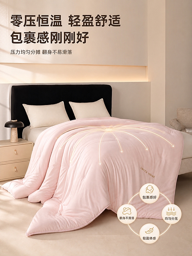 [商品] 使用【图5】粉色恒温被自然垂坠整床图；保留粉色被面、被子自然垂坠到地面的形态、黑色床头、米色床头柜、台灯、边几椅子；增强被子垂坠的柔软感与自然褶皱，突出包裹感与贴合度。
[画面] 详情页第6张 零压包裹体感。整床场景，被子自然铺开垂坠，一侧搭在床边垂到地面，呈现柔软包裹的形态。画面用淡金色压力分散线条从被子中心向四周扩散，象征零压均匀分压。
[视觉] 套系策略：风格=温馨高级居家商业摄影；标题字=现代无衬线粗体；正文字=简洁无衬线体；主色=柔粉+奶油米；背景延展=浅米色卧室暖调场景；强调色=暖金色；标题色=深咖色；正文色=中咖色；组件=圆角浅底信息卡、细线引线、暖金标签；光影=左前侧暖柔光 午后自然光。
[文字] 左上主标题两行 第一行"零压恒温 轻盈舒适" 第二行"包裹感刚刚好"；副标题"压力均匀分摊 翻身不易滑落"；右下角四个圆形图标环形排列 分别标注"包裹感好""均匀分压""轻盈体感""翻身不滑落" 图标暖金色细线圆圈 内部深咖字。
[规格] 比例3:4竖版 4K 避免变形 错字 文字过小 冷蓝背景 被子形态怪异 水印 平台Logo。