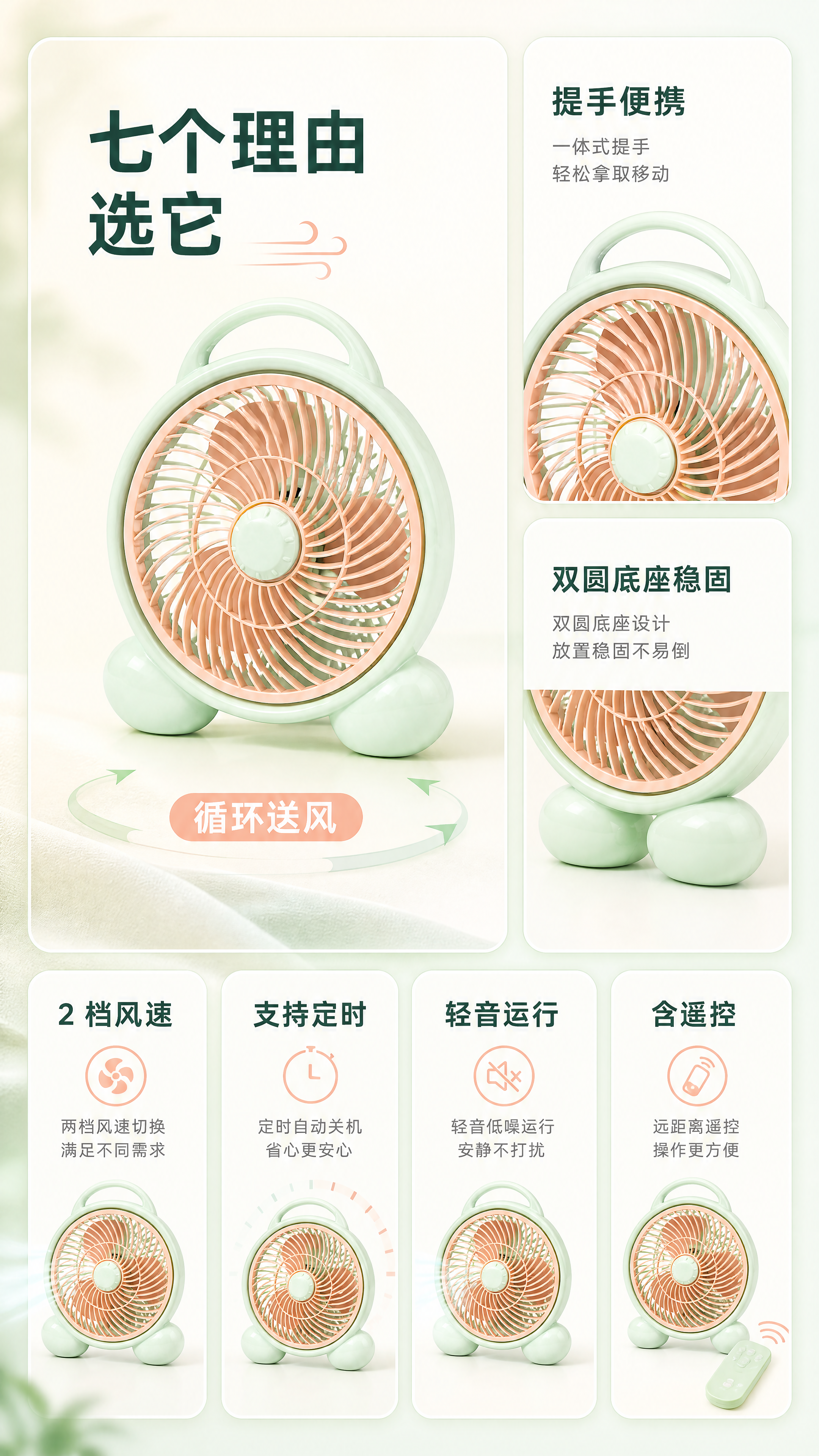 [商品] 使用【图1】桌面循环扇：浅薄荷绿亮面塑料机身、顶部一… - 图片创意预览