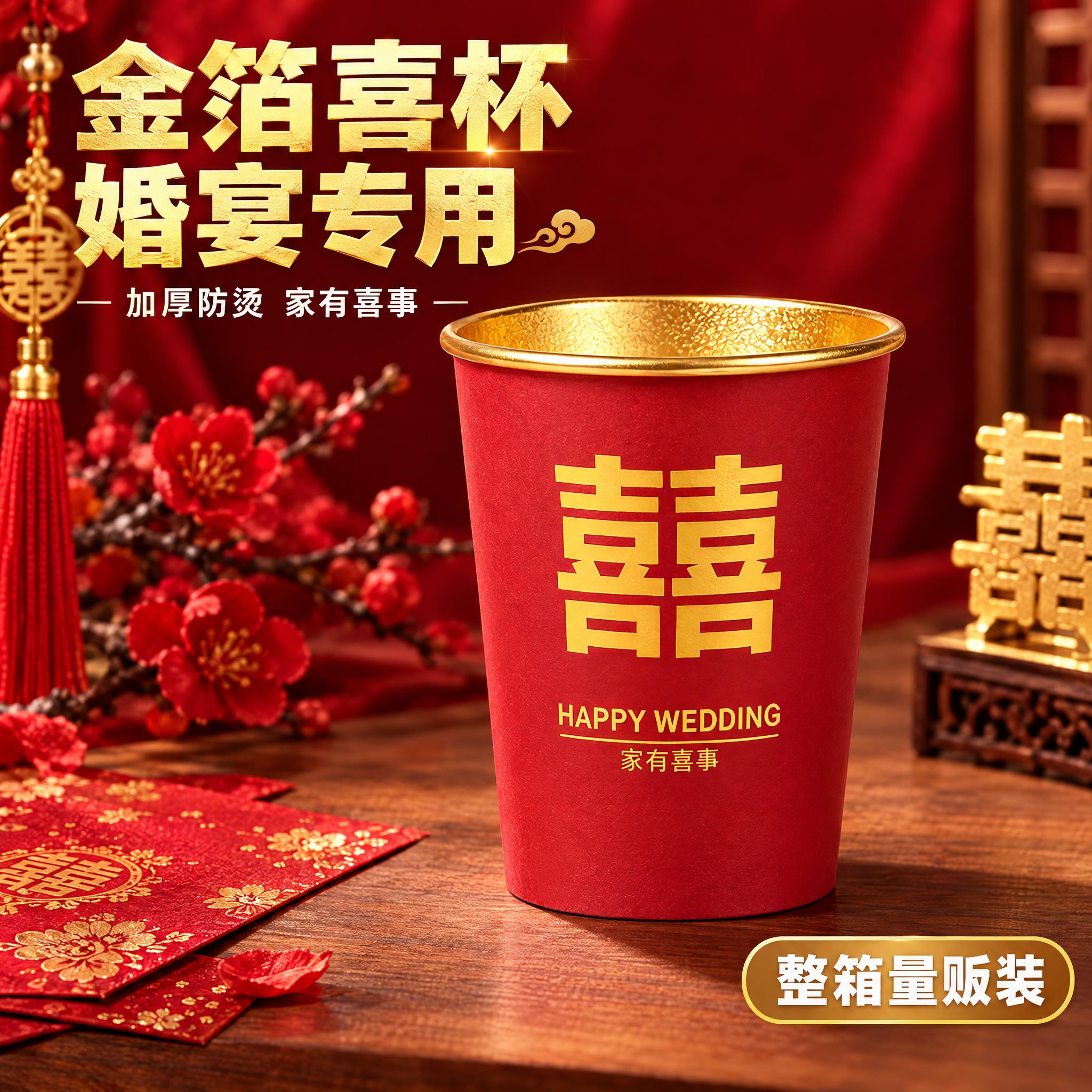 [主图-1] 金箔喜字婚庆一次性纸杯首图，突出喜庆高级质感与产… - 图片创意预览