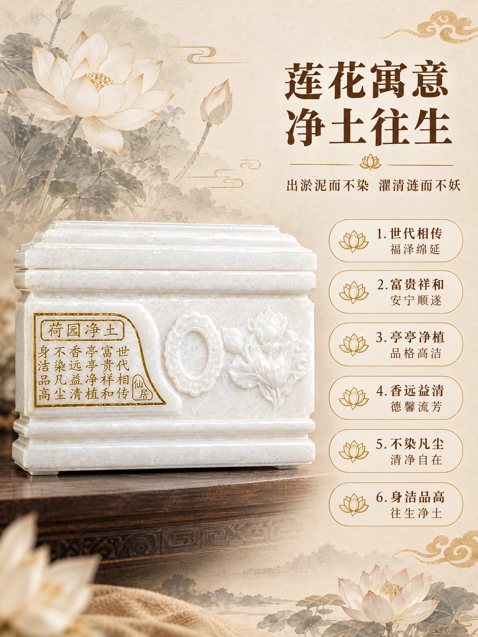 [商品] 使用【图1】荷园净土汉白玉骨灰盒正面特写；保留正面莲… - 图片创意预览