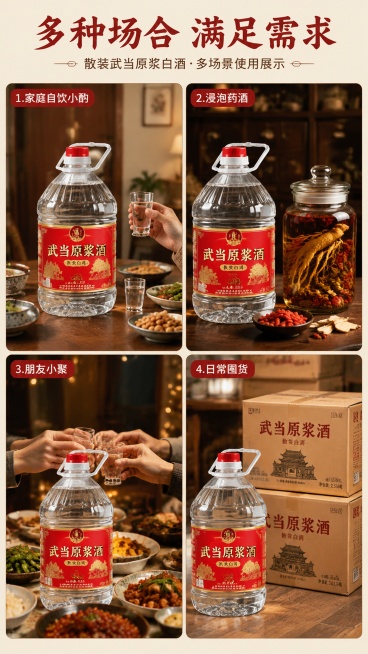 [第7屏] 散装武当原浆白酒多场景使用展示屏。本屏使用【图1】产品。
[氛围/风格] 多场景拼图，真实生活化，不同场景氛围自然舒适，接地气。
[元素布局] 2×2四格场景拼图，四个场景分别是：1.家庭预览效果