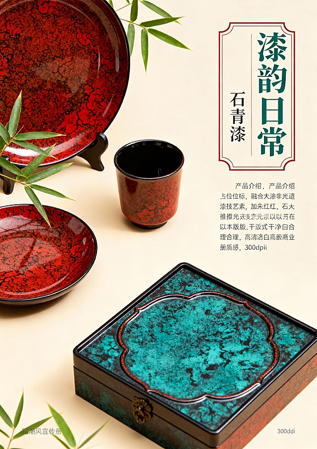 核心风格要求（所有页面通用前缀）：国潮风，融合大漆非遗技艺元素（漆色、漆纹、漆工艺细节），现代简约审美，色彩以大漆经典色（朱红、乌黑、明黄、石青）为主，搭配低饱和辅助色，画面细腻有质感，版式干净留白合理，符合品牌年轻化定位，高清商业宣传册质感，300dpi，适合印刷第1页：封面提示词：国潮风品牌宣传册封面，主体展示“漆造”品牌Logo，Logo融入大漆髹涂纹理，背景为渐变朱红大漆底色，点缀细金漆线条勾勒的传统缠枝纹，右上角标注核心定位“千年大漆，玩转出圈”，右下角小字“非遗大漆年轻化品牌”，整体风格大气简约，视觉中心突出，无多余元素第2页：品牌引言·何为漆造提示词：国潮风宣传册内页，左侧大面积留白，用乌黑漆色书写标题“何为漆造”（书法字体），下方配小字“以漆为媒，连接传统与当下”；右侧分上下两个小版块，上方是浅米色背景搭配朱红漆线勾勒的大漆树简笔画，下方是简洁文字区域（文字内容占位符：“漆造，立足大漆非遗年轻化传播，打破技艺认知门槛，让千年漆艺走进当代生活”），画面左侧加1条细石青漆色竖线分割，整体雅致有呼吸感第3页：核心定位·千年大漆 玩转出圈提示词：国潮风宣传册内页，版式左右分栏，左侧朱红大漆底色，用金色字体突出核心定位“千年大漆，玩转出圈”，背景暗纹为大漆推光工艺的细腻光泽纹理；右侧浅灰色背景，上方是“定位解读”标题（石青漆色），下方用简洁图标+文字占位符呈现核心逻辑：“传统漆艺传承+潮流载体创新+情感互动体验”，每个逻辑点搭配简约漆艺元素图标（漆刷、潮流配饰、握手符号）第4页：非遗底蕴·大漆的千年传承提示词：国潮风宣传册内页，上方通栏展示大漆技艺历史场景简绘（低饱和度水墨风格，描绘古代工匠髹漆场景），下方分两栏，左栏标题“大漆非遗的文化内涵”（乌黑漆色），配朱红漆色细边框；右栏标题“千年技艺的当代价值”（乌黑漆色），同样配朱红漆色细边框，两栏均预留文字占位符区域，背景点缀细微漆粉质感纹理第5页：品牌Logo设计解析提示词：国潮风宣传册内页，左侧主体展示“漆造”Logo完整图形，Logo采用朱红与乌黑撞色，融入大漆缠枝纹与“漆”字意象，右侧分三个小版块，分别标注“色彩寓意”“纹样灵感”“字体设计”，每个版块搭配对应简约图标（调色盘、缠枝纹、字体符号），背景为浅米色，所有分割线采用石青漆色，突出设计细节第6页：品牌IP形象·漆小匠提示词：国潮风宣传册内页，左侧大面积展示IP形象“漆小匠”全身图（卡通形象，身着融合漆艺元素的潮流服饰，手持漆刷，面带微笑，形象活泼可爱），右侧展示IP三个不同动作表情（挥手、举产品、讲解漆艺），下方标注IP形象定位“漆艺文化传播小使者”，背景为浅灰色，点缀朱红漆色小圆圈装饰，整体风格童趣且不失国潮质感第7页：产品系列总览·漆造好物提示词：国潮风宣传册内页，上方通栏标题“漆造好物·三大产品系列”（朱红漆色书法字体），下方三栏均等分布，每栏展示一个产品系列的代表性产品缩略图（搭配简约文字标题：“生活美学系列”“潮流配饰系列”“文化纪念系列”），每个缩略图背景为乌黑漆色，点缀细金漆线条，整体版式规整，层次分明第8页：生活美学系列·漆韵日常提示词：国潮风宣传册内页，左侧展示3件生活美学系列产品（漆盘、漆杯、漆收纳盒），产品摆放错落有致，搭配简约绿植点缀，背景为浅米色，突出产品的大漆质感（推光光泽、纹理细节）；右侧为文字区域，标题“漆韵日常”（石青漆色），下方预留产品介绍文字占位符，加朱红漆色细边框装饰第9页：生活美学系列·细节质感提示词：国潮风宣传册内页，采用多图拼接版式，展示生活美学系列产品的细节特写（漆盘的缠枝纹雕刻细节、漆杯的髹涂纹理、收纳盒的开合处工艺），每个特写图搭配简约文字标注（“缠枝纹雕刻”“多层髹涂”“手工打磨”），背景为乌黑漆色，用金色线条分割画面，突出大漆技艺的精湛细节，整体风格高端有质感第10页：潮流配饰系列·漆尚潮流提示词：国潮风宣传册内页，右侧展示4件潮流配饰系列产品（漆手镯、漆项链、漆发簪、漆钥匙扣），产品佩戴在模特手上/颈部（模特只露局部，突出产品），背景为朱红渐变漆色；左侧为文字区域，标题“漆尚潮流”（乌黑漆色），下方预留产品介绍文字占位符，搭配潮流元素图标（爱心、潮流符号），整体风格时尚动感第11页：潮流配饰系列·个性定制提示词：国潮风宣传册内页，左侧展示个性定制流程示意图（图标+文字：选款式→选漆色→加纹样→完成定制），背景为浅灰色，分割线用朱红漆色；右侧展示2件定制款配饰（刻有专属文字的漆手镯、定制纹样的漆项链），产品特写，背景为石青漆色，突出定制的独特性，整体版式清晰易懂第12页：文化纪念系列·漆承文脉提示词：国潮风宣传册内页，上方通栏展示文化纪念系列代表产品（漆制书签、漆制摆件、漆制礼盒），摆放在简约木质展示架上，背景为浅米色，点缀传统文化元素（竹简、印章）；下方为文字区域，标题“漆承文脉”（朱红漆色书法字体），预留产品介绍文字占位符，整体风格庄重且有文化底蕴第13页：情感互动·漆艺体验活动提示词：国潮风宣传册内页，左侧展示漆艺体验活动场景简绘（多人参与手工髹漆，氛围轻松愉悦，低饱和度色彩），右侧分两个版块，上方标题“漆艺互动·传承有你”（石青漆色），下方列出2个核心体验活动（“手工漆杯制作工坊”“漆纹拓印体验”），每个活动搭配对应图标（漆杯、拓印工具），背景点缀细微漆粉纹理第14页：视觉传播物料·全场景覆盖提示词：国潮风宣传册内页，采用网格版式，展示6种核心视觉传播物料（海报、社交媒体配图、活动展架、包装设计、帆布袋、贴纸），每种物料缩略图下方标注物料名称，背景为浅灰色，所有物料统一融入“漆造”品牌元素与大漆纹理，整体版式丰富但不杂乱，突出品牌视觉的统一性第15页：品牌理念·活态传承提示词：国潮风宣传册内页，左侧大面积朱红漆色背景，用金色字体书写品牌理念“降低非遗消费门槛，助力大漆活态传承”，背景暗纹为大漆与现代生活场景融合的简绘；右侧分两个小版块，上方是“传承目标”，下方是“品牌使命”，均预留文字占位符，搭配简约图标（传承箭头、爱心），整体风格庄重且有温度第16页：用户故事·漆造与你提示词：国潮风宣传册内页，上方标题“用户故事·因漆相遇”（乌黑漆色），下方左右两栏，每栏展示1个用户使用产品的场景（左侧：年轻人用漆杯喝咖啡；右侧：家庭用漆盘摆放水果），场景温馨自然，产品融入场景不突兀，背景为浅米色，每个场景下方预留简短用户感言占位符，搭配小爱心图标第17页：合作与渠道·携手传播提示词：国潮风宣传册内页，左侧标题“合作与渠道”（石青漆色），下方列出3类核心渠道（线上电商平台、线下非遗体验馆、联名合作店铺），每个渠道搭配对应图标（电商图标、店铺图标、握手图标）；右侧展示品牌线下体验店门头简绘（融入大漆元素，风格简约大气），背景为浅灰色，分割线用朱红漆色，整体信息清晰第18页：非遗赋能·行业参考提示词：国潮风宣传册内页，左侧大面积文字区域，标题“非遗赋能·为同类文化提供实践参考”（朱红漆色），预留核心观点文字占位符；右侧展示“传统漆艺+年轻化品牌”的逻辑示意图（图标+箭头：非遗技艺→品牌设计→潮流转化→活态传承），背景为乌黑漆色，点缀金色线条，整体风格专业且有说服力第19页：联系我们·漆造邀约提示词：国潮风宣传册内页，左侧大面积浅米色背景，展示联系信息（电话、微信、小红书账号、地址），每个信息搭配对应图标，标题“联系我们·漆造邀约”（乌黑漆色），加朱红漆色细边框；右侧展示IP形象“漆小匠”招手示意的形象，背景为石青漆色，整体风格亲切友好第20页：封底提示词：国潮风宣传册封底，上方展示“漆造”品牌Logo与核心定位“千年大漆，玩转出圈”（与封面风格呼应），中间大面积留白，用金色漆线书写品牌Slogan“以漆为媒，让传统活起来”，下方标注版权信息与联系方式（简洁小字），背景为乌黑漆色，点缀细金漆缠枝纹暗纹，整体与封面呼应，简洁大气