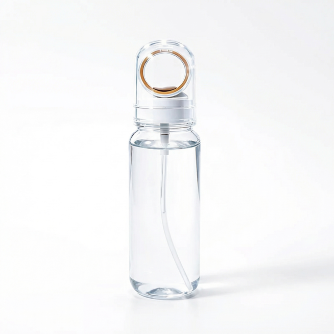 去除瓶身上所有的产品文案和图案，只保留完整透明的整只瓶身，保持瓶身原始的形状、光影和透视效果，背景保持纯白色不变预览效果