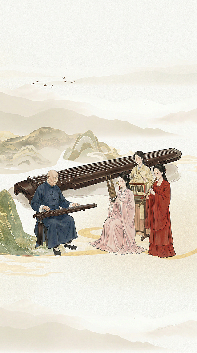 图1元素替代图2乐坊场景,水墨山水背景替换淡米色，把左侧的乐器换成古琴，然后挪到四个人物后面，占据画面中心位置，比例变成9:16