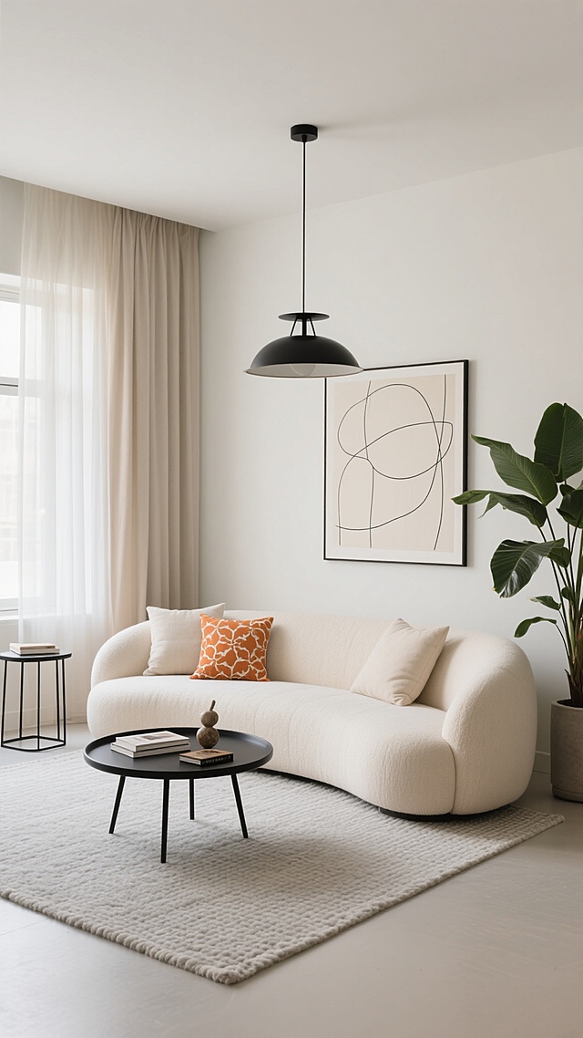 极简主义风格室内场景，浅米色布艺弧形沙发，搭配几个同色系靠垫和一个橙色花纹抱枕，沙发下方是浅灰色编织地毯，前方有一张黑色细腿圆形小茶几，上面放着几本书和一个装饰品，背景墙挂着一幅线条简约的抽象画，左侧有一扇窗户，挂着浅色半透明窗帘，窗边有一个黑色金属框架的边几，右侧有一盆大型绿植，天花板悬挂着一盏黑色金属吊灯，整体色调以米白色、浅灰色为主，光线柔和明亮，营造出宁静、舒适、简约而不失格调的氛围。