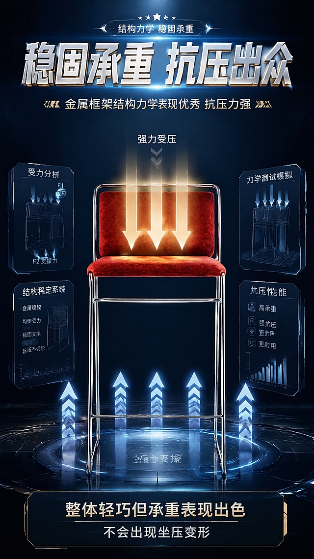 [第5张] 详情页结构力学页-金属框架抗压力强承重出色。本张使用【图1】作为商品主体，保持产品结构、比例、颜色、材质完全一致。
[氛围/风格] 力量感科技风，突出承重与抗压性能，高级奢华商业摄影质感。
[元素布局] 吧台椅置于画面中央，占比约50%，正面视角；椅子上方或座面有向下的压力箭头示意，底部有支撑力箭头向上，体现力学结构；周围有力学线条、受力分析示意图、结构网格线等科技元素装饰；背景为深色科技感空间，有光束、数据线条、几何结构线；产品结构比例、材质颜色与输入图完全一致，不展示内部结构。
[光影质感] 顶部聚光照明，两侧辅光勾勒金属框架轮廓，光影对比强烈凸显力量感与结构美。
[配色色系] 全局底色深邃藏蓝#1A2332；主色电镀银色金属+正红色；辅助色藏蓝、科技蓝、金色点缀。
[视角构图] 正面微仰视，产品居中，力学元素环绕，阅读动线顶部标题→中央产品→底部卖点。
[文字版式] 顶部大标题艺术字；主标题「稳固承重 抗压出众」使用力量感几何艺术字体，带立体棱角花样；副标题「金属框架结构力学表现优秀 抗压力强」；下方配文字说明「整体轻巧但承重表现出色」「不会出现坐压变形」；字体设计有力量感有花样，清晰可读。
[比例分辨率] 9:16竖版比例，4K分辨率，文字清晰可辨，高清画质。
[负向提示词] 产品变形，比例失调，颜色偏差，人物，水印，文字错乱，内部结构展示，坐压变形。