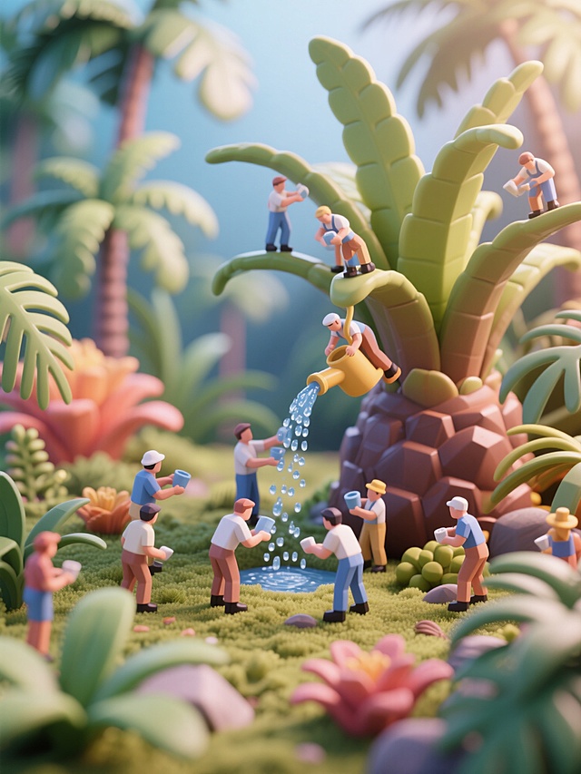 生成一个热带植物微观世界，有很多小人在给巨大的植物浇水