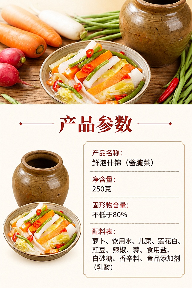 [第7屏] 规格参数屏-产品参数和配料信息展示。本屏使用【图2】作为产品展示。
[氛围/风格] 清晰信息风，浅米色背景，严谨干净排版，突出参数可读性。
[元素布局] 上半部分展示产品原料场景图，下半部分左侧预留产品位置，右侧排列产品参数和配料信息，产品占比约30%，信息区域占比约60%，保持产品形态与原图一致。
[光影质感] 均匀柔光，整体明暗一致，文字清晰无遮挡。
[配色色系] 全局底色 #F8F5F0；主色深棕文字；辅助色原木色边框，辣椒红点缀参数标题。
[视角构图] 上下构图，上场景下信息，阅读动线清晰流畅。
[文字版式] 标题「产品参数」红色加粗顶栏，参数依次为：产品名称：鲜泡什锦（酱腌菜），净含量：250克，固形物含量：不低于80%；配料表：萝卜、饮用水、儿菜、莲花白、豇豆、辣椒、蒜、食用盐、白砂糖、香辛料、食品添加剂（乳酸）；文字分段清晰，大小适中，手机端可读。
[比例分辨率] 9:16 竖版比例，4K分辨率，文字清晰可辨，高清画质。
[负向提示词] 参数错误，文字错乱，产品变形，颜色偏差，水印。