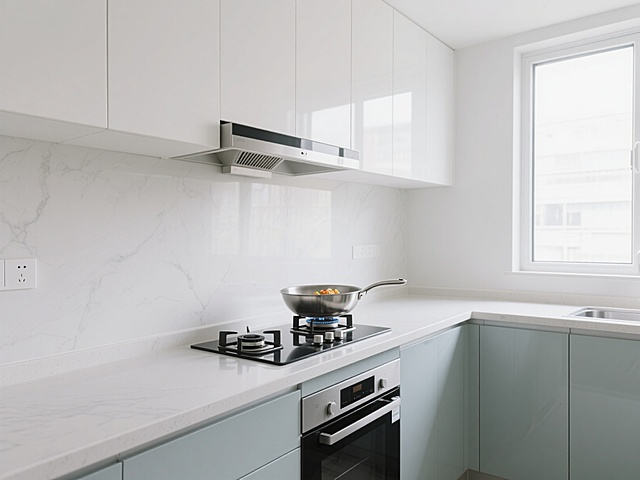 一个现代化厨房的背景，燃气灶上放着一个炒锅