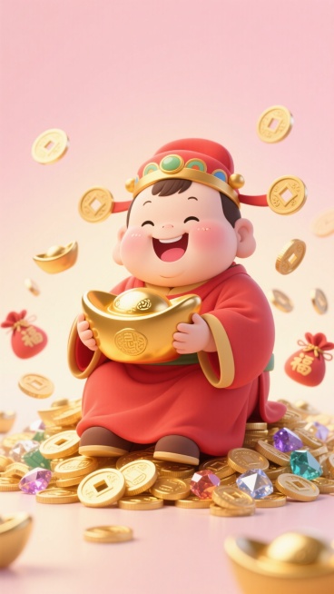 手机壁纸，Q版卡通，胖乎乎笑眯眯的财神宝宝，穿着宽松的红袍，抱着一个比他还大的金元宝，坐在一堆金币和宝石上。背景是柔和的粉色和金色渐变，周围有小福袋、铜钱和元宝在跳跃。画面明亮，色彩鲜艳，手绘插画风格预览效果