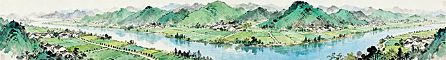 俯视角的山水田园画，画面中包含连绵的青山、澄澈的河流、错落分布的村落、绿油油的农田与林间小路，色彩清新自然，富有传统东方山水画的意境，整体氛围宁静祥和