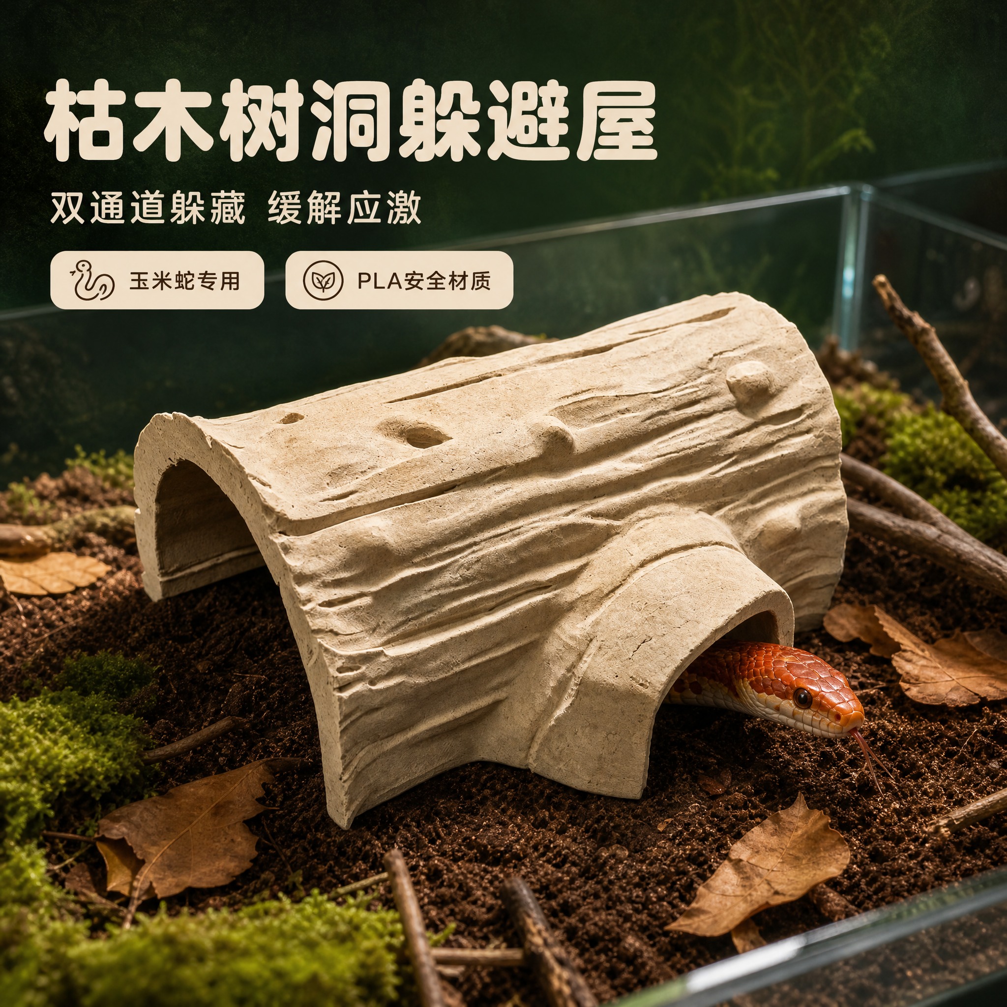 [主图-1] 主题：玉米蛇仿真枯树躲避屋首图，核心利益点为双通… - 图片创意预览
