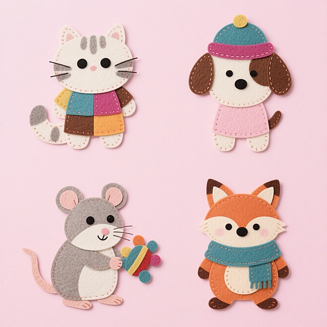可爱卡通动物拼贴设计，拟人化小猫、小狗、老鼠与狐狸，身穿彩色服饰，展现温馨趣味感，面料质感与扁平风格结合，适合节日装饰。
