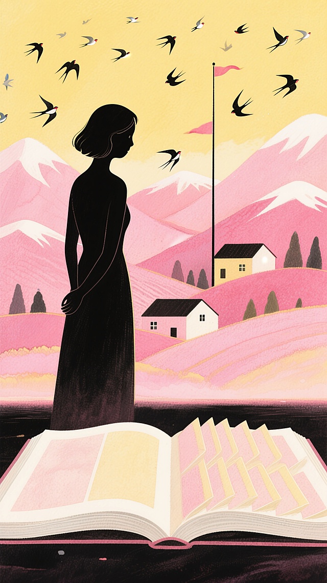 梦幻插画风，剪影人物与水彩背景交织，超现实主义展现书页幻化为山川景象。