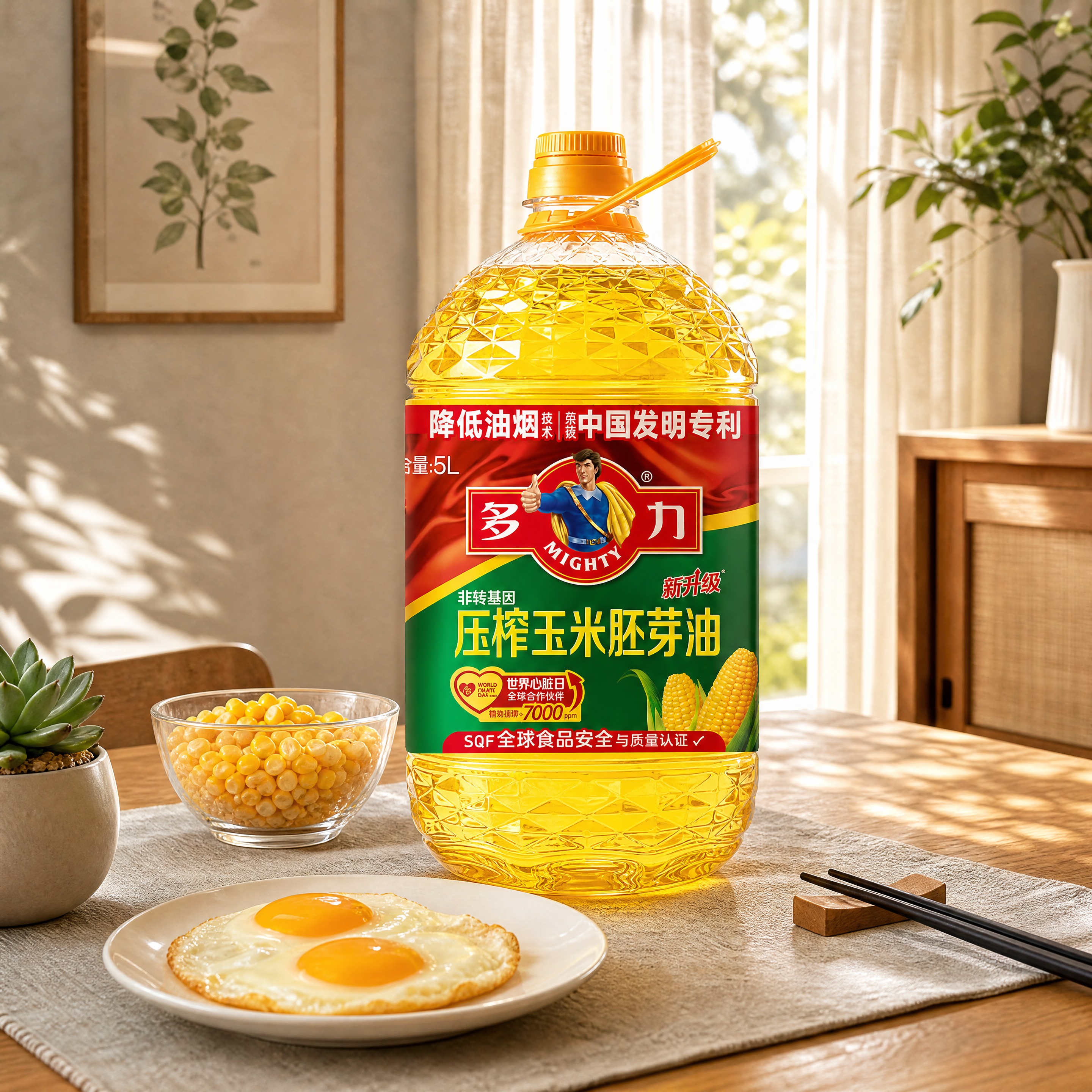 超写实食品商业摄影。 主体：5L装玉米油桶严格参照上传产品图，… - 图片创意预览