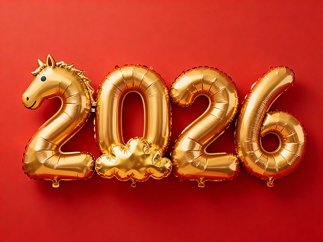 金色充气风“2026”数字气球，首字拟人化为马头，融合卡通与鎏金质感，3D立体呈现，喜庆红底衬托节日氛围。