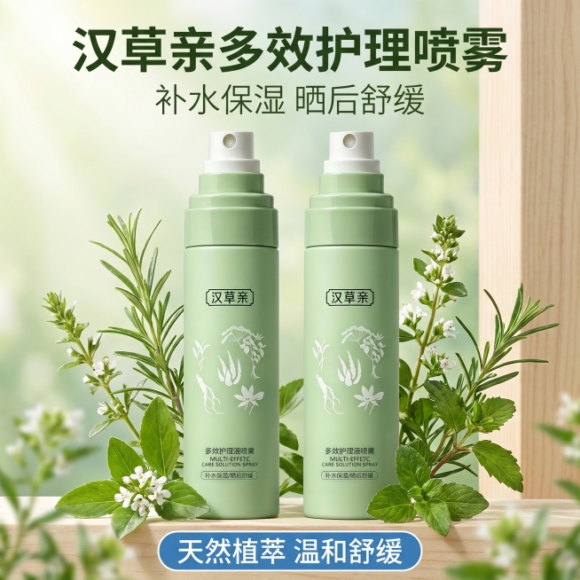 [主图 1] 汉草亲多效护理液喷雾品牌首图
[氛围风格] 草本自然清新风格，天然纯净氛围
[画质] 商业摄影质感、光线柔和通透、产品清晰真实、画面干净高级
[元素] 两瓶汉草亲护理液喷雾居中摆放，背景预览效果