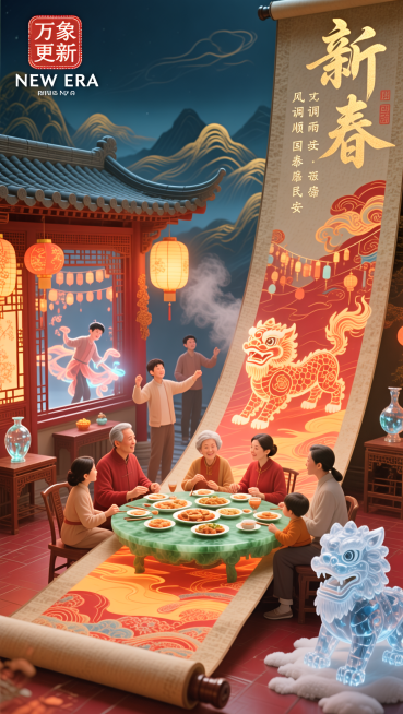 《新春图》数字三维长卷，以亚麻肌理为基底，丝绸光泽为表层，展现当代家庭欢聚场景：家人围坐于青玉纹圆桌享用团圆宴，孩童在旁堆砌水晶雪狮，窗前悬垂缂丝灯彩，院中青年以全息光影演绎传统瑞兽舞。卷首钤「万象更预览效果