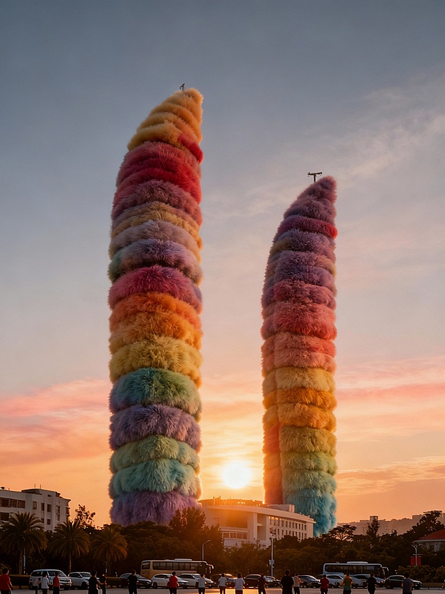 梦幻感与光影交织，毛发生长风塑造的双塔在虚拟自然中拔地而起，3D混合材质呈现超现实主义奇观，宛如节日庆典中的童话地标。