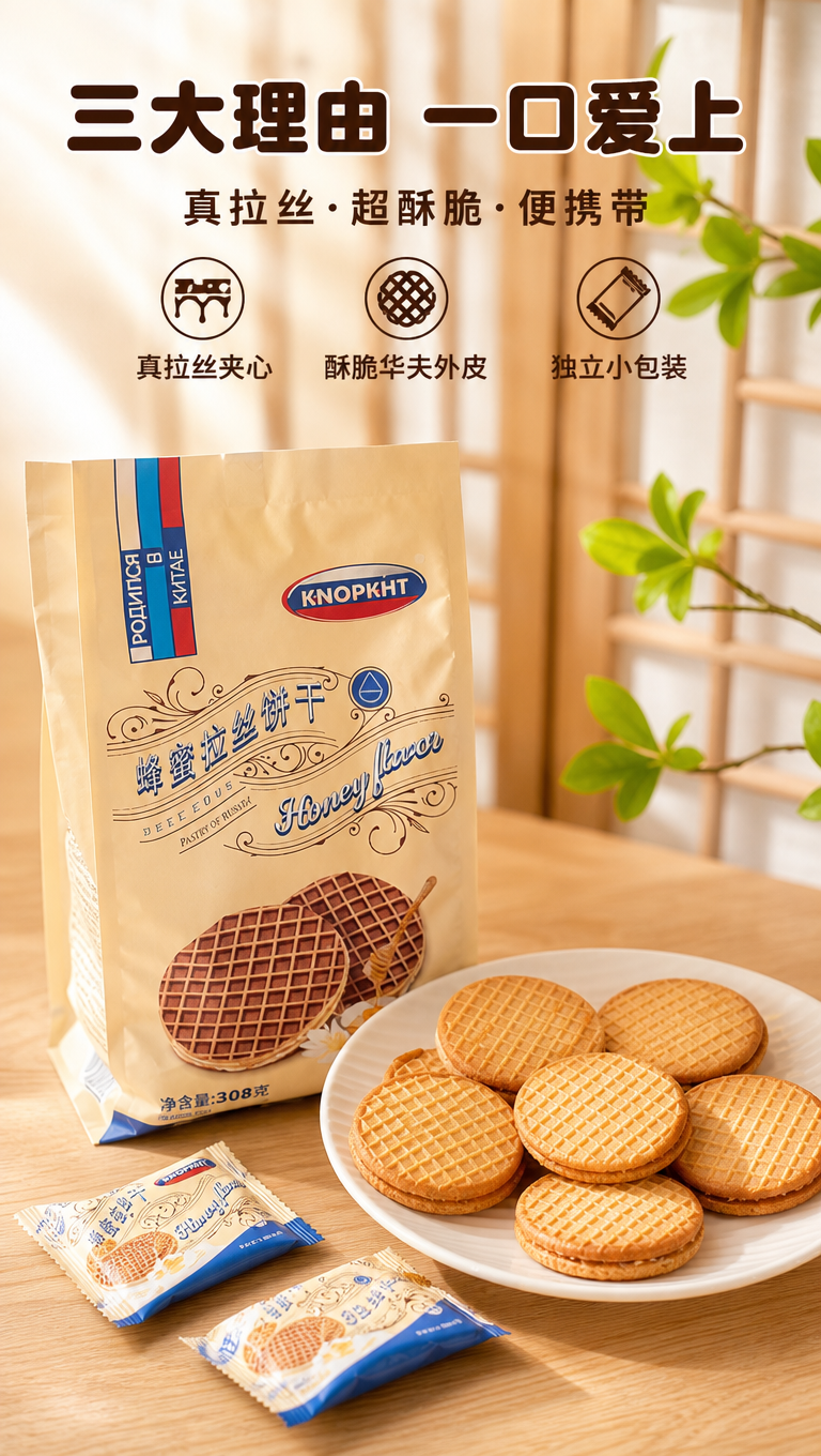 蜂蜜拉丝饼干大包装袋放在白色盘子旁边，盘子里有几块圆形华夫饼干… - 图片创意预览