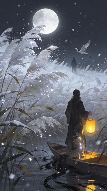 蒹葭 · 秋河夜寻 场景：银月斜照霜白色芦苇海，寻者提着昏黄灯笼立于小舟，麻衣下摆浸湿。远处人影若隐若现，鹭鸟从人影处突然掠起，芦花与月光碎成雪暴。 细节：灯笼光照亮芦叶霜晶；人影衣带似有刺绣反光；水预览效果