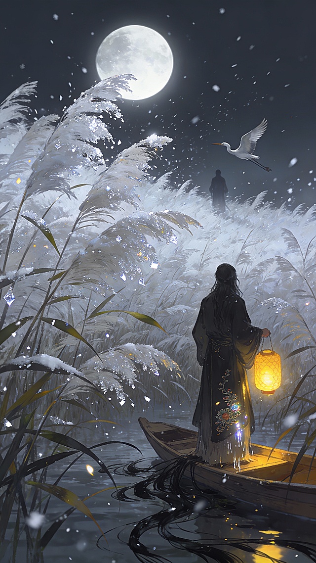 蒹葭 · 秋河夜寻 场景：银月斜照霜白色芦苇海，寻者提着昏黄灯笼立于小舟，麻衣下摆浸湿。远处人影若隐若现，鹭鸟从人影处突然掠起，芦花与月光碎成雪暴。 细节：灯笼光照亮芦叶霜晶；人影衣带似有刺绣反光；水底墨色水草如发丝飘摇。 构图：大仰角，芦苇占画面三分之二，人影置于黄金分割点。