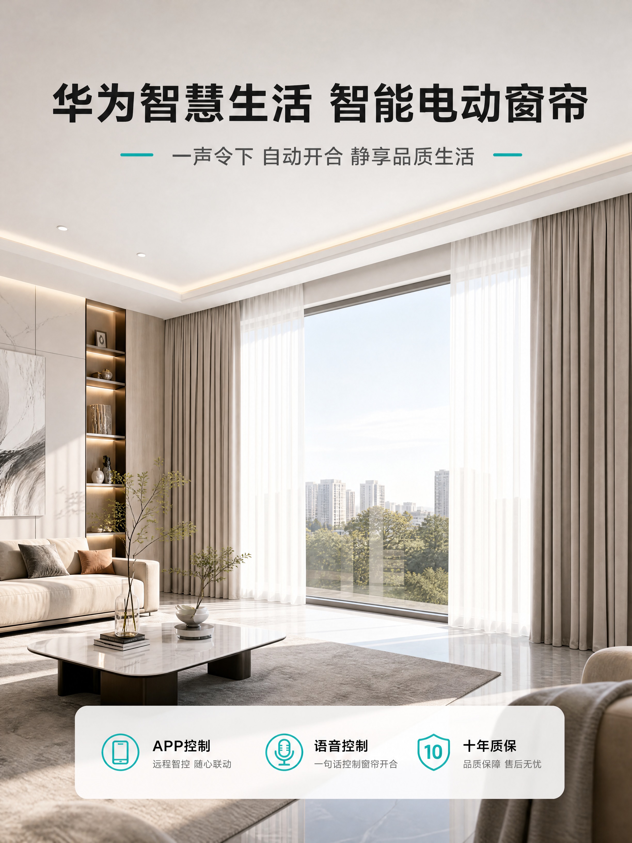 [商品] 使用智能电动窗帘产品图；保留白色电机、白色轨道、米白… - 图片创意预览