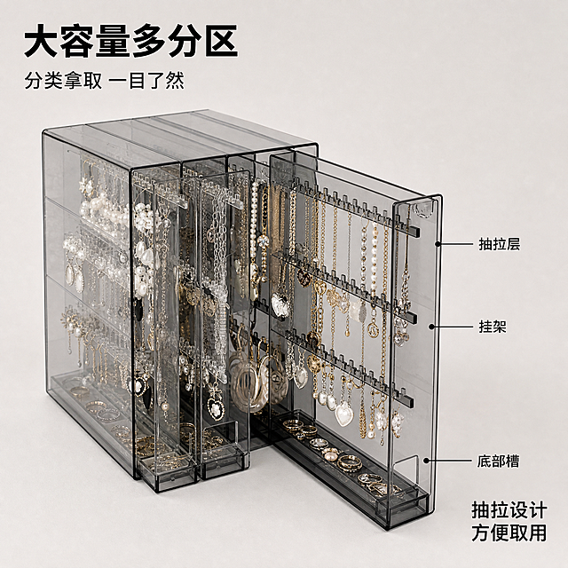 [主图-2] 展示抽拉结构大容量首饰收纳盒。[氛围风格] 实用展示，清晰直观。[画质] 商业摄影质感、光线柔和通透、产品清晰真实、画面干净高级。[元素] 抽拉式首饰收纳盒抽拉出一层，展示内部多层挂架和底部收纳槽，挂满各式首饰，展示分类收纳逻辑。保持产品黑框透色结构、材质和原图一致，不改变产品外观。桌面干净浅灰色背景，右侧用细线标注各个结构位置：抽拉层、挂架、底部槽。商品主体占比约70%，画面满屏无边框。[光影] 均匀明亮柔光，突出通透材质，结构轮廓清晰，没有硬阴影。[配色] 透黑透明产品主体，浅灰干净背景，线条黑色标注清晰对比。[视角构图] 平视正面角度，抽开的结构清晰可见，层次分明。[文字版式] 左上角大字标题"大容量多分区"，黑色粗体，下方小字标注"分类拿取 一目了然"，右下角标注"抽拉设计 方便取用"，文字不遮挡主体。[比例分辨率] 1:1比例，2k分辨率；文字清晰锐利，画面超高清。[负向提示词] 变形，水印，文字错乱，产品图模糊，背景杂乱。