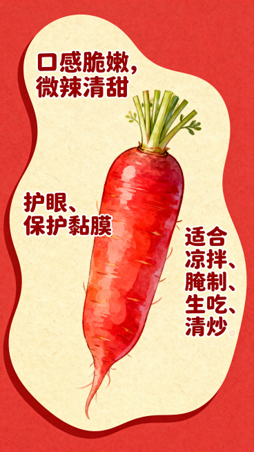红萝卜促销异形不规则设计宣传图，主色调为红色和浅土黄色，风格融合手绘与软糯元素。画面核心是手绘风格完整红萝卜，细节丰富。包含文字："口感脆嫩，微辣清甜" "护眼、保护黏膜" "适合凉拌、腌制、生吃、清预览效果