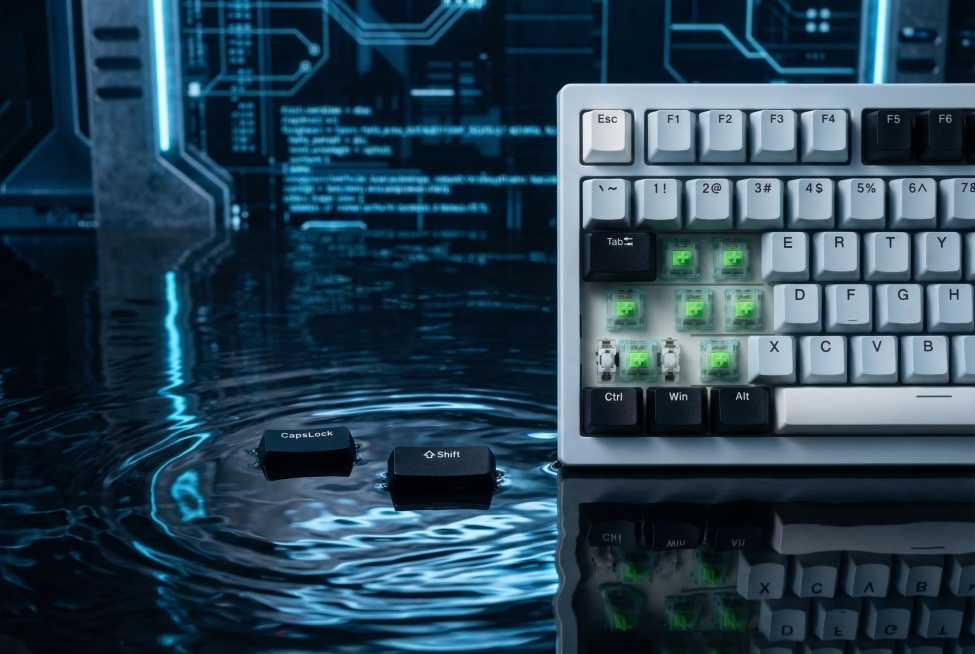 生成暗调科技感水面场景的键盘展示图，键盘放置在画面最右侧，水面带有淡蓝色霓虹反光与细腻波纹，整体氛围冷峻高级，突出键盘的轴体细节与设计质感，CapsLock和Shift键帽同样放置在键盘旁的水面上预览效果