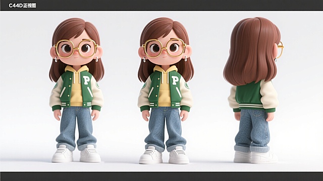 Q版人物，正面，全身，可爱的卡通形象，纯白色干净背景，穿着一套休闲风格的街头服装，包括一件绿色的棒球外套，内搭米黄色卫衣。下身穿着宽松的牛仔裤，脚上穿着白色运动鞋。栗色长发，戴着金丝框眼镜的小女孩，耳朵带着耳环，表情高冷