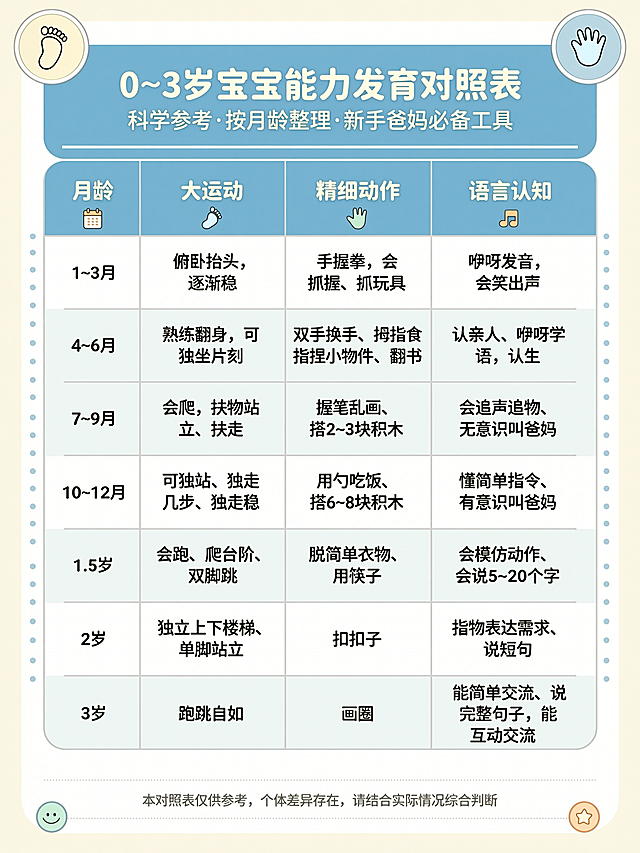 带标题的0–3岁宝宝能力发育对照表，标题清晰，表格整理内容：月龄列：1–3月、4–6月、7–9月、10–12月、1.5岁、2岁、3岁，大运动列：俯卧抬头，逐渐稳、熟练翻身，可独坐片刻、会爬，扶物站立、扶走，可独站、独走几步、独走稳，会跑、爬台阶、双脚跳，独立上下楼梯、单脚站立，跑跳自如，精细动作列：手握拳，会抓握、抓玩具，双手换手、拇指食指捏小物件、翻书，握笔乱画、搭 2–3 块积木，用勺吃饭、搭 6–8 块积木，脱简单衣物、用筷子，扣扣子，画圈，语言认知列：咿呀发音，会笑出声，认亲人、咿呀学语，认生，会追声追物、无意识叫爸妈，懂简单指令、有意识叫爸妈，会模仿动作、会说 5–20 个字，指物表达需求、说短句，能简单交流、说完整句子，能互动交流。纯色简约背景，无复杂图案，排版清晰易读。标题为"0–3岁宝宝能力发育对照表"