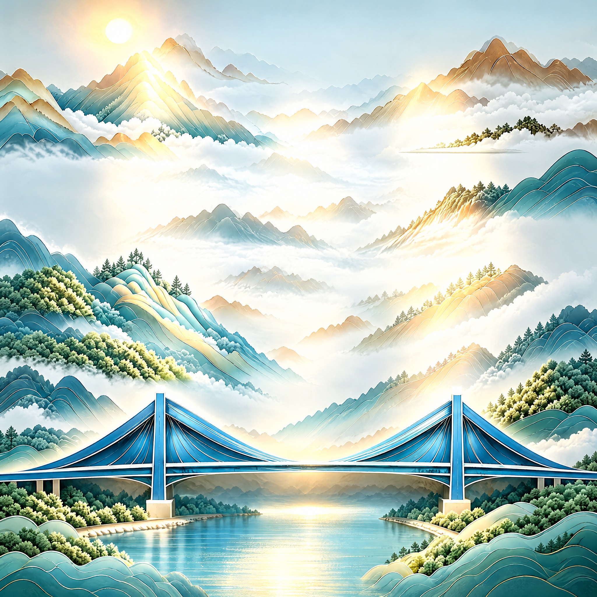 提取图片中金属边框内的山水桥梁壁画，生成一张和壁画内容完全一模… - 图片创意预览