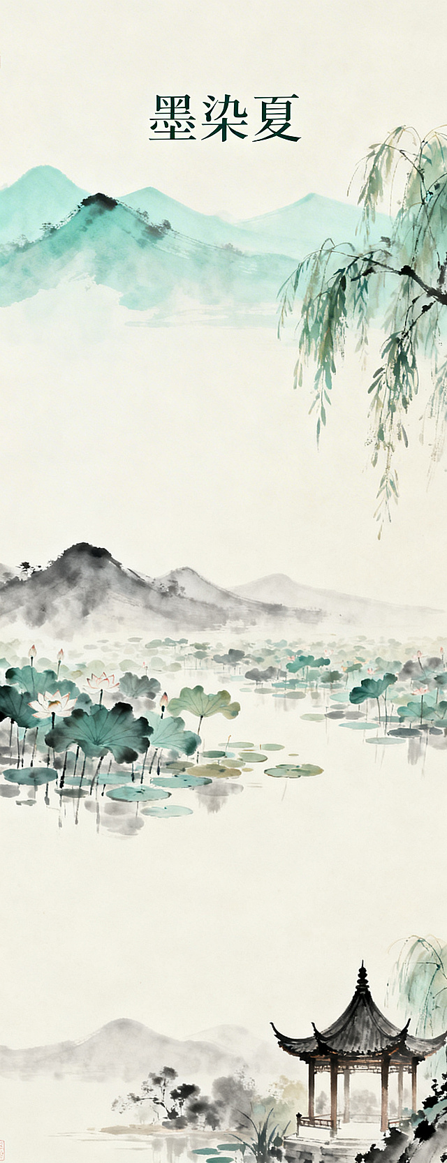 淘宝店铺首页页面，店名"墨染夏"，纯水墨夏日风景为整体背景，内容为远山、荷塘、烟柳、古亭等国风自然景色，无人物无产品，色调淡青、浅灰、米白，排版预留出商品展示的空白区域，整体清新雅致，适配淘宝店铺页面尺寸