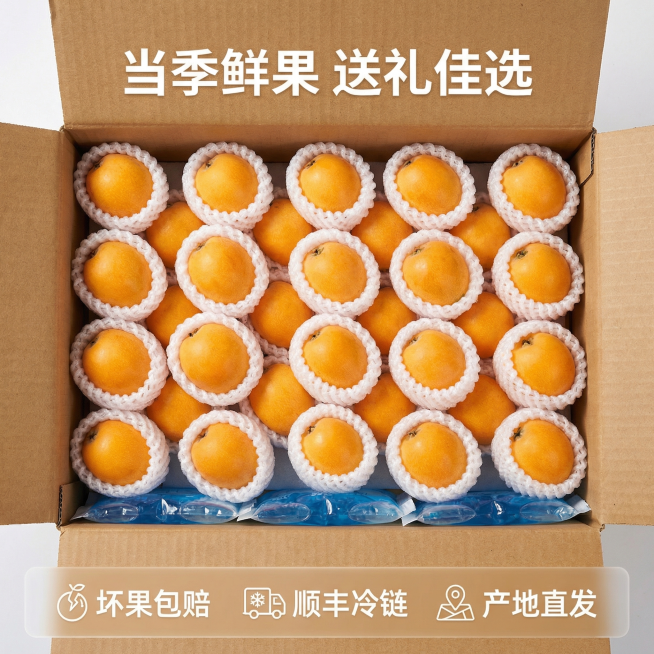 [主图 5] 服务与转化
[主图主题] 整箱发货展示与服务承诺
[氛围/风格] 整洁大气，品质可靠，无人像
[画面元素] 打开的快递保温箱里，整齐码放着一颗颗套好网套的云霄早钟枇杷，底部铺着保鲜冰袋，预览效果