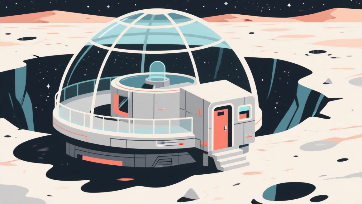 flat illustration style, minimalist line art, lunar base dome observation deck exterior, silver-gray预览效果