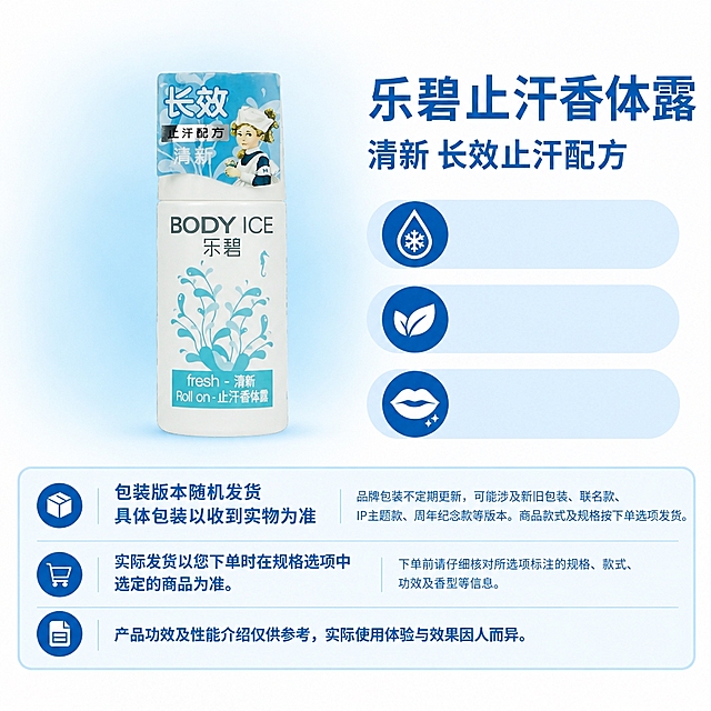 复刻指定母版版式，制作1:1方图电商单品图。右侧固定版式：右上为商品名称和属性副标题，下方三个浅蓝圆角属性栏，底部三行固定说明框（蓝白配色，图标和文字位置固定）。左侧商品区：将提供的商品原图完整保留，不重绘、不改比例、不改变包装和文字，去除原图背景后整组等比缩放，商品真实实物底边与右侧第三条属性栏的下边缘齐平，横向居中于左侧商品区。左侧商品区背景为大范围柔和浅蓝色渐变（从商品包装主色取色，高明度低饱和），从主体背后向四周长距离扩散，外缘自然融入近白背景，无硬边、无轮廓发光。左上角保持干净浅色留白。画布四周无边框。底部三行固定说明文字：第一行左侧“包装版本随机发货
具体包装以收到实物为准”，右侧“品牌包装不定期更新，可能涉及新旧包装、联名款、IP主题款、周年纪念款等版本。商品款式及规格按下单选项发货。”；第二行左侧“实际发货以您下单时在规格选项中选定的商品为准。”，右侧“下单前请仔细核对所选项标注的规格、款式、功效及香型等信息。”；第三行通栏“产品功效及性能介绍仅供参考，实际使用体验与效果因人而异。”。右侧文案：商品名称“乐碧止汗香体露”，属性副标题“清新 长效止汗配方”；三个属性栏仅保留浅蓝底形和图标圆底，文字留空（无可靠原文卖点）。商品主体严格使用原图，不修改包装、文字、图案、比例和角度。
