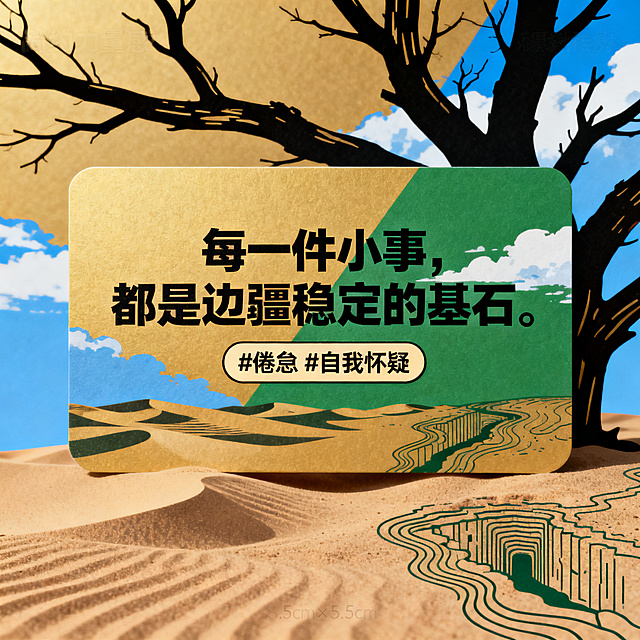 设计一张《胡杨心语·心理能量行动卡》卡片04意义放大镜的正面，整体风格融入胡杨精神与戈壁风情，主色调为胡杨金、兵团绿和天空蓝，融入坎儿井剪影元素，卡片尺寸是名片大小8.5cm×5.5cm，正面包含文字“每一件小事，都是边疆稳定的基石。”和标签“#倦怠 #自我怀疑”，设计简约接地气，有力量感