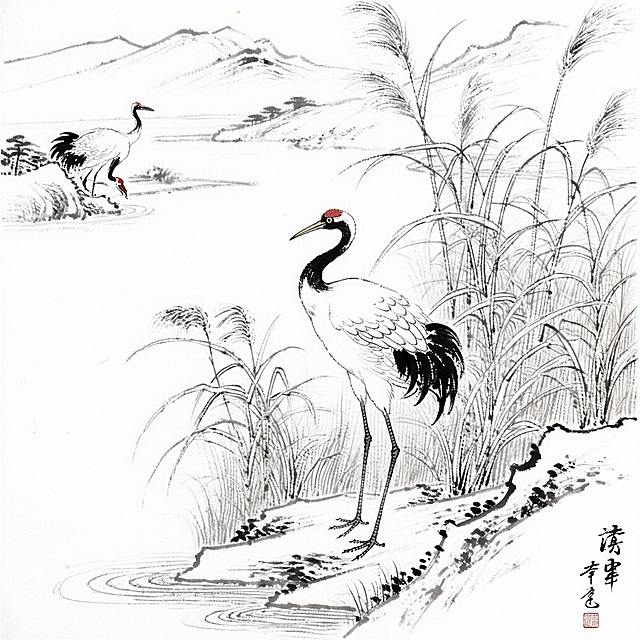 山水写意画作，有丹顶鹤和芦苇荡，以线稿为主，白描风格，线条流畅自然，画面空灵雅致