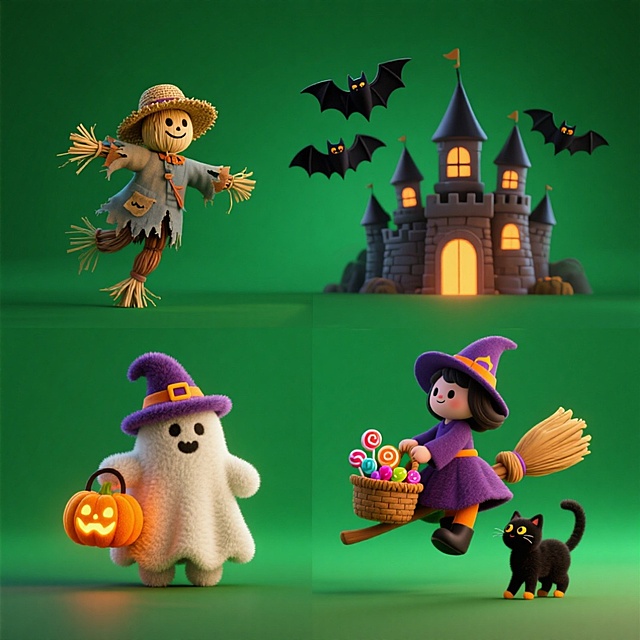 软3D风格的万圣节场景，融合可爱感与梦幻感，拟人化角色如小巫师、幽灵、稻草人与黑猫，搭配粘土质感与卡通风设计，营造温馨童趣的节日氛围。