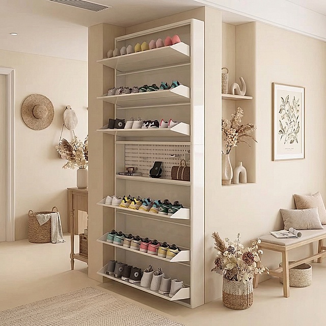 主体是这款嵌入式白色鞋柜，保持产品主体物理结构不变，保持产品上所有物品和原有布局不变。将背景替换为法式奶油风玄关场景，整体风格温暖治愈高明度，全屋漫射柔光，低对比度，阴影极淡柔和，色调为奶咖米白色系，加入干花和简约装饰摆件，保持前中后景层次，拒绝雷同。负向提示词: 西方面孔、金发、深眼窝、雀斑、杂乱房间、死黑阴影、硬光、乡村风、高对比度、多余的盖子、缺失的部件、悬浮的物体、变形的手柄、摄影灯、柔光箱、三脚架、水印、文字、昏暗光线、死黑阴影、畸变透视、比例失调、腿部悬空