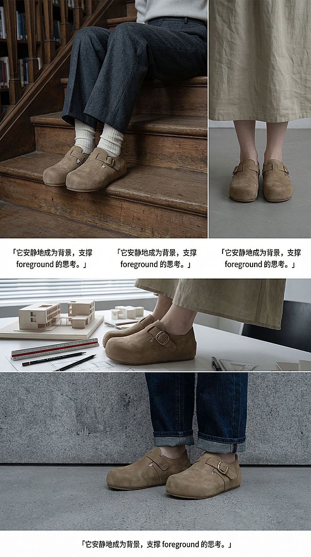 视觉：三联拼图，统一为低饱和冷色调。

画面：不露脸的局部穿搭，所有衣物均为全新或平整状态。

学术日常：深灰直筒羊毛裤脚 + 米白棉袜 + 鞋子，置于图书馆阶梯上。

工作室：浅卡其亚麻连衣裙下摆 + 光脚 + 鞋子，旁有建筑模型或绘图工具。

城市漫步：深蓝牛仔裤脚 + 鞋子，背景是美术馆的素色墙面。

统一注释：「它安静地成为背景，支撑 foreground 的思考。」