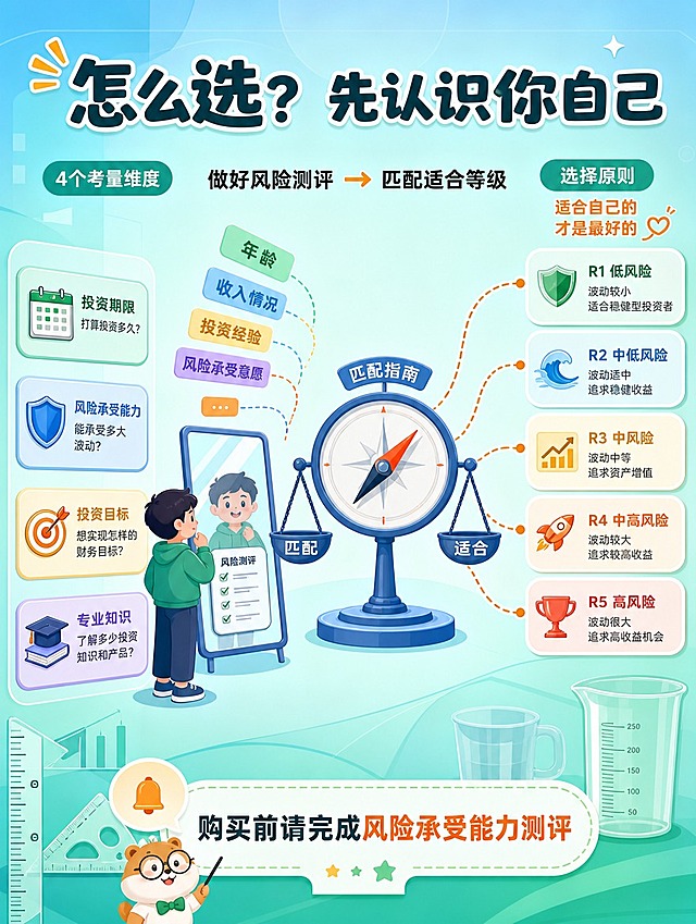 [商品] 无实物商品，基金风险等级科普长图文第6张
[画面] 目标：指导投资者如何根据自身情况选择合适风险等级的基金。流程图式构图，左侧是卡通投资者站在镜子前做风险测评（有年龄、收入、投资经验、风险承受意愿等标签飞出），中间是一个大大的匹配天平/指南针，右侧指向5个不同风险等级的基金选项，用连线表示匹配结果。背景有标尺、量杯等测量工具元素。
[视觉] 套系策略：风格=趣味扁平漫画风；标题字=圆润可爱粗体卡通字；正文字=简洁圆润无衬线体；主色=清新蓝绿渐变；背景延展=基于蓝绿色做深浅层级、同色渐变和柔和几何图形点缀；强调色=暖橙色，仅用于小面积图标、引线和重点标签；标题色=深蓝绿；正文色=深灰；组件=圆角彩色信息卡、虚线引线、可爱图标；光影=平涂风格，柔和均匀光线。
[文字] 顶部主标题"怎么选？先认识你自己"，左侧列出4个考量维度：投资期限、风险承受能力、投资目标、专业知识；中间配文"做好风险测评 → 匹配适合等级"；右侧给出选择原则"适合自己的才是最好的"。底部提示"购买前请完成风险承受能力测评"。文字横向排版。
[规格] 图片比例3:4竖版长图文，分辨率4K，避免变形、错字、文字过小、流程混乱、竖排文字