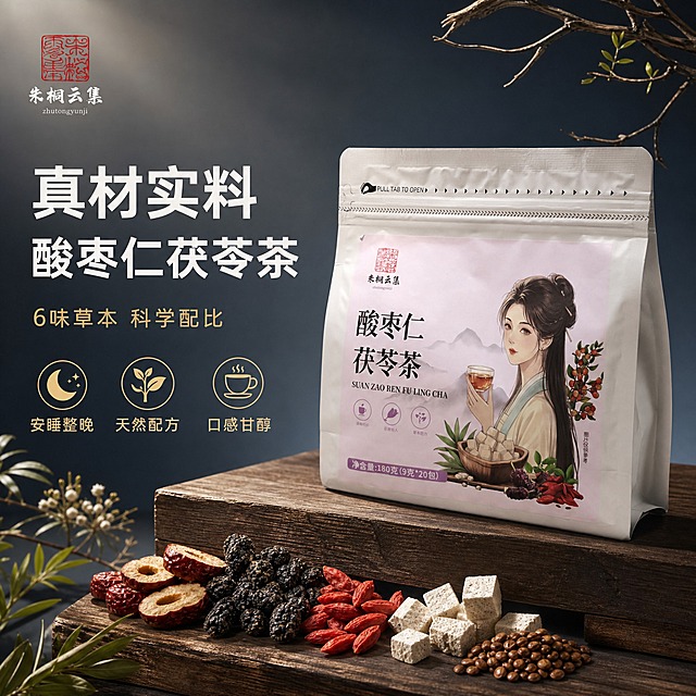 [主图-1] 首图 酸枣仁茯苓茶产品主视觉展示 突出真材实料与高级品质感
[统一基调] 高级暗调商业摄影风格 深灰蓝渐变背景 木质展台陈列 自然植物枝条点缀 柔和侧逆光 产品真实质感 字体用简约黑体 主标题白色加粗 辅助文案浅灰色 强调色用暖金色 整体氛围静谧高级
[画面] 画面中央偏右位置放置一袋酸枣仁茯苓茶产品（保持原包装外观不变 浅紫色标签 古风女子插画 产品名称清晰可见） 产品呈45度微侧角度 立放在深棕色木质展台上 展台为T型结构 有自然木纹质感 产品左前方散落摆放几样真实原料 红枣片 桑葚干 枸杞 茯苓块 酸枣仁 原料新鲜饱满有光泽 展台左下角点缀几株绿色草本植物和干枯枝条 增加自然氛围 背景为深灰蓝到浅灰的渐变 干净高级 有轻微环境反光
[光影质感] 商业摄影质感 柔和侧逆光从左上方打来 产品边缘有自然高光 木质展台有柔和阴影 原料表面有自然光泽 整体光影细腻有层次 不生硬
[配色] 背景深灰蓝渐变 木质深棕色 产品包装浅紫色 原料红黑黄自然色 文字白色+暖金色
[文字版式] 左上角放置品牌Logo 朱桐云集 红色印章样式 左上方大标题 真材实料 酸枣仁茯苓茶 主标题白色粗黑体 下方副标题 6味草本 科学配比 暖金色细体 再下方三个卖点图标横向排列 月亮图标+安睡整晚 草本图标+天然配方 茶杯图标+口感甘醇 图标用细线风格 配简短文字 文字放在左侧负空间 不遮挡产品
[输出要求] 1:1正方形 2K分辨率 产品清晰 文字清晰可读 整体高级有质感 负向 变形 错字 模糊 杂乱背景 水印 平台Logo 产品外观改变